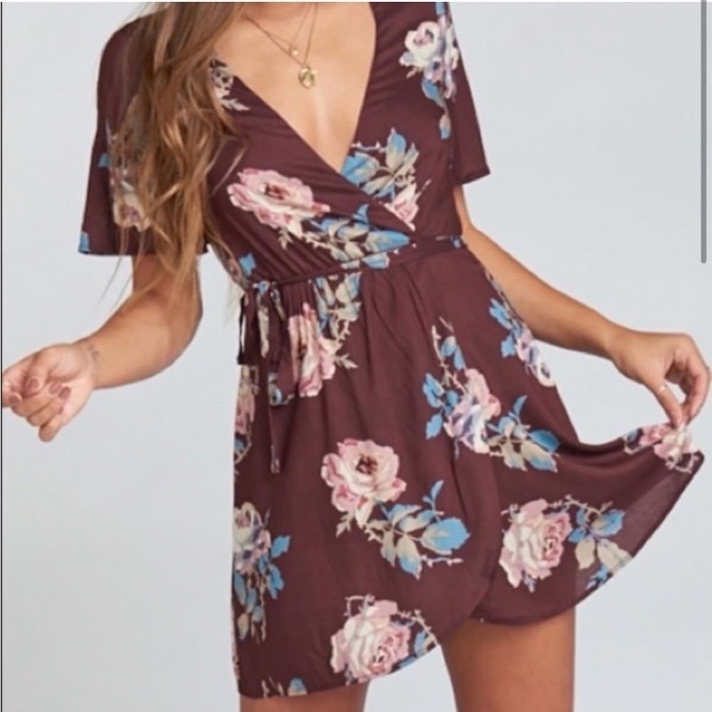 Show Me Your MuMu Brown Floral Wrap Mini Dress with Pink & Blue Blooms